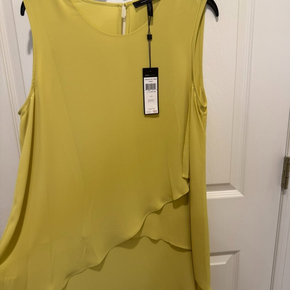 **BCBGMAXAZRIA "Robin" Sleeveless Layered Blouse – Dark Lime, Size L**